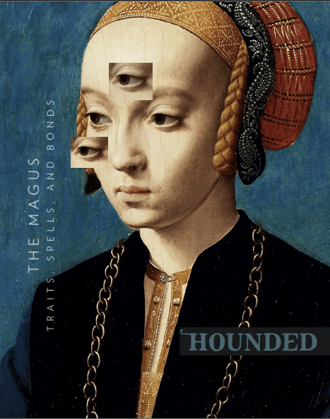 A screenshot of a page from the solo rpg The Magus by the game designer momatoes. The words "The Magus: Traits, Spells, and Bonds" are superimposed over the image of a light-skinned person wearing an elaborate head dress and gold chain.